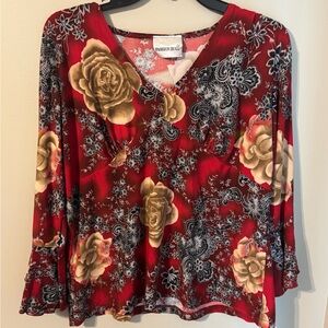 Fashion Bug Red Gold Ruffled 3/4 Sleeve Blouse